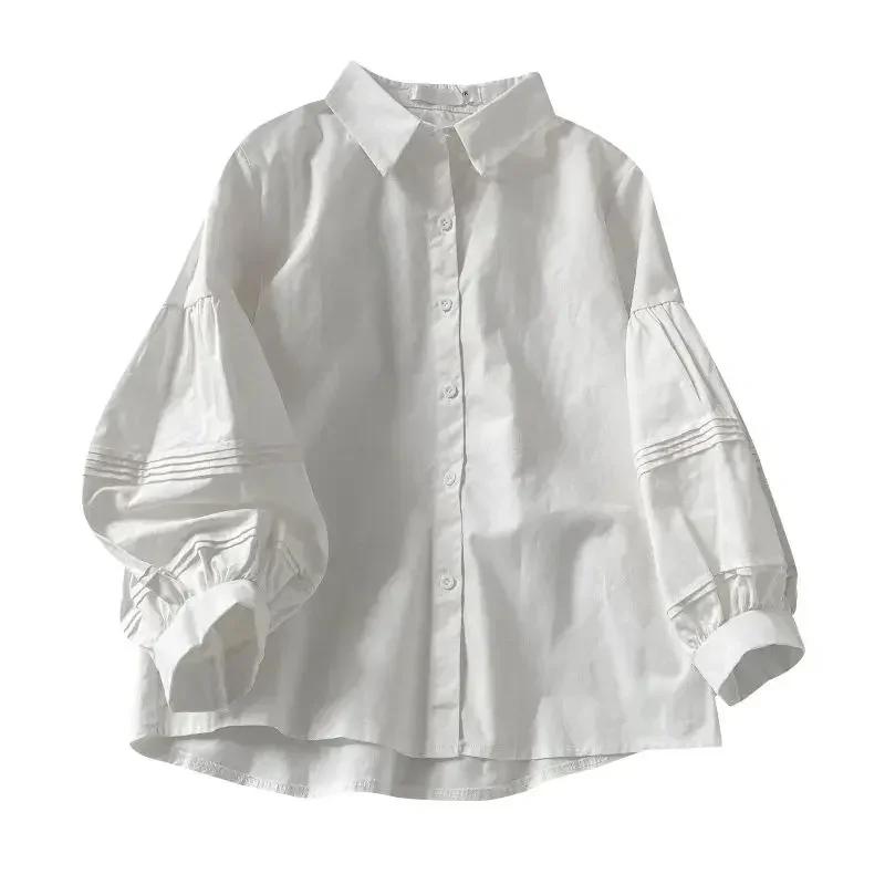 Puffärmel Blusen Damen Weiß Umlegekragen Preppy Sinn für Design Schicke Damenoberteile Koreanische Mode Einfache Sommerbluse