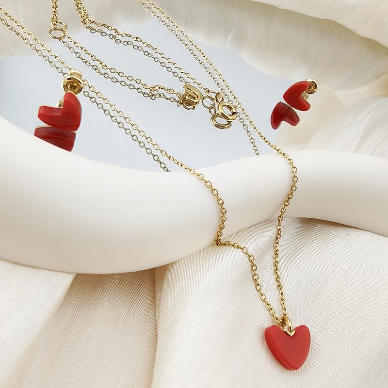 Liu Yifei Red Heart Necklace & Earrings Set, 18k Gold-Plated Heart Pendant with V-Shaped Clavicle Chain.
