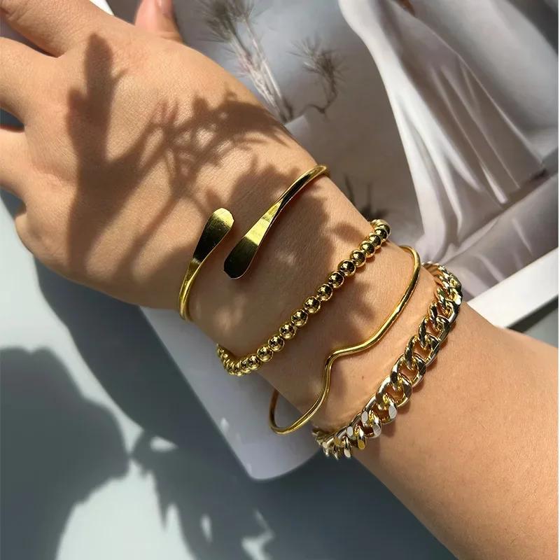 5pcs/Set Vintage Gold /Copper Color Simple Design Multielement Crystal Bracelets Set for Women Adjustable Bangle Zircon GIft