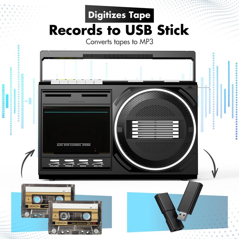 Retro kassettbandspelare med inspelning och inbyggd mikrofon, bärbar Bluetooth boombox, radioapparater med kassettband, USB-omvandlare, AC/DC-ström