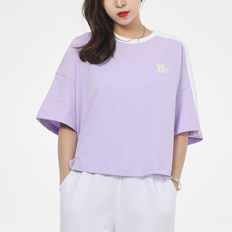 Puma Floral Cartoon Print Casual Sports Round Neck Short Sleeve T-Shirt Women Tops Lavender-Purple 532258-16