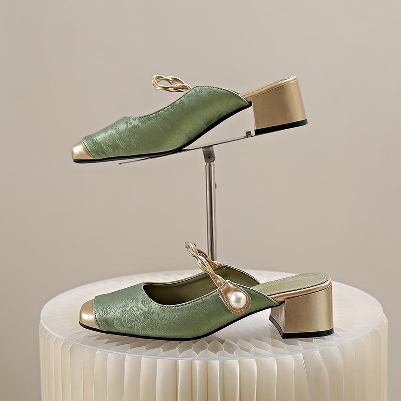 Elegant Chinese Style Women's Mid Heel Slip-On Shoes Summer Soft Fairy Outerwear Mary Jane Flat Sandals Silk Upper Rubber Sole