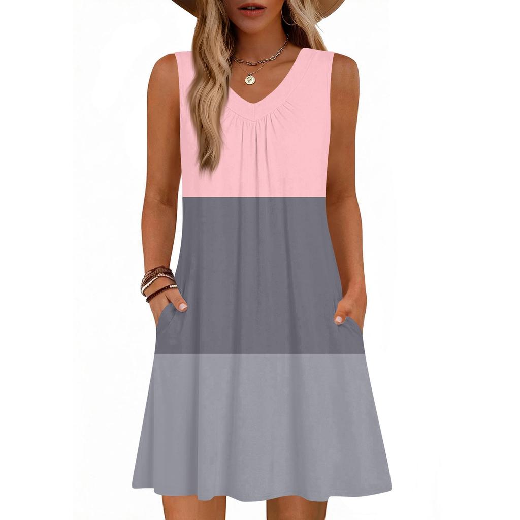 Dámské módní letní tílko bez rukávů s V-výstřihem, s kapsou, ležérní volné šaty