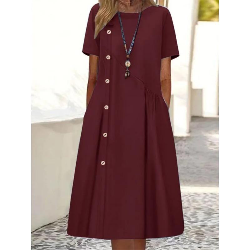 

Summer O Neck Buttons A-line Loose Dress Short Sleeve Elegant Pleated Casual Dress Large Size Party Solid Color Fashion Ladies Female Simple Clothing S бордовый