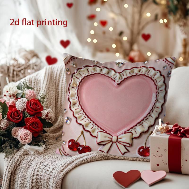 Heart-Shaped Pillow with Cherries and Bow Decoration Pattern Cushion Cover Suitable for Sofa Bedroom Car Pillow Cover