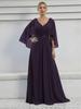 Elegant V-Neck Sequined Evening Gown with Trumpet Sleeves and Embroidered Applique