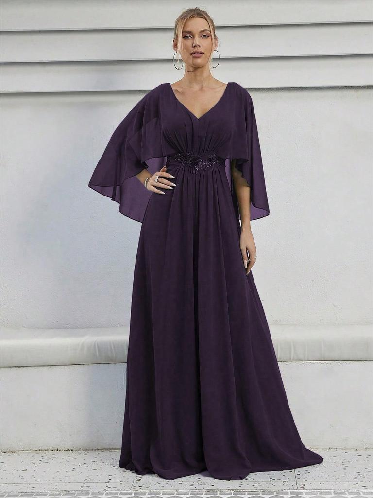 Elegant V-Neck Sequined Evening Gown with Trumpet Sleeves and Embroidered Applique