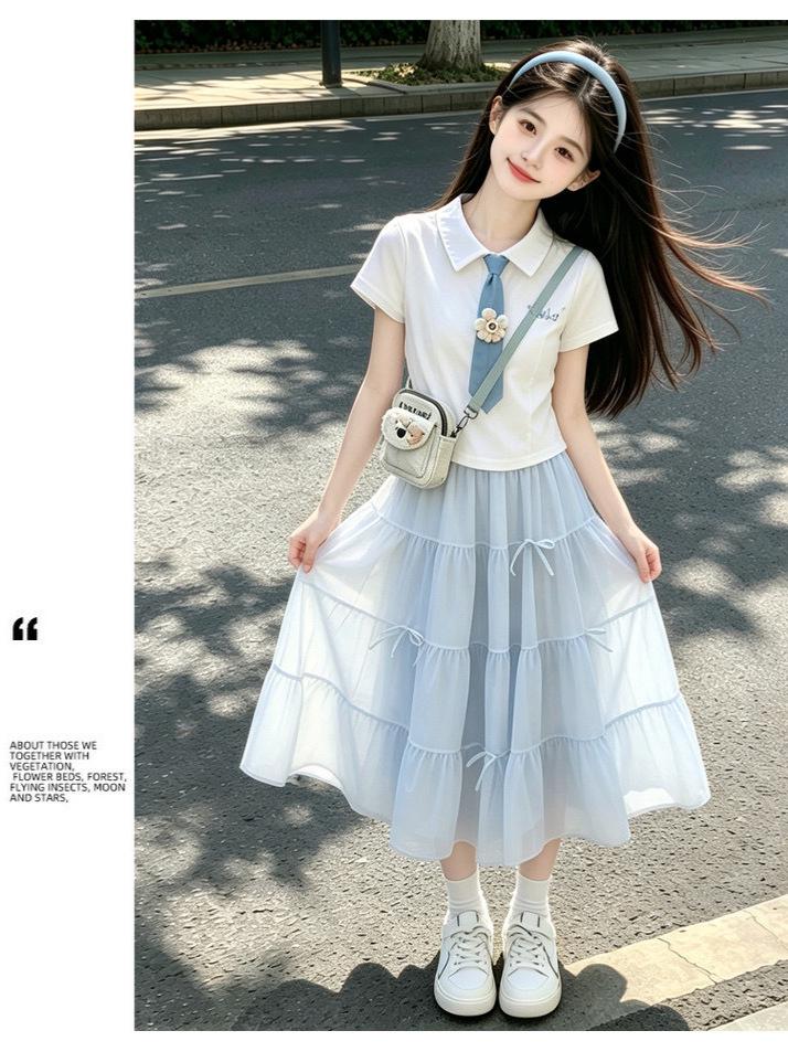 Girls' Academy Style Polo Shirt & Skirt Set - Korean-Inspired Summer Fashion