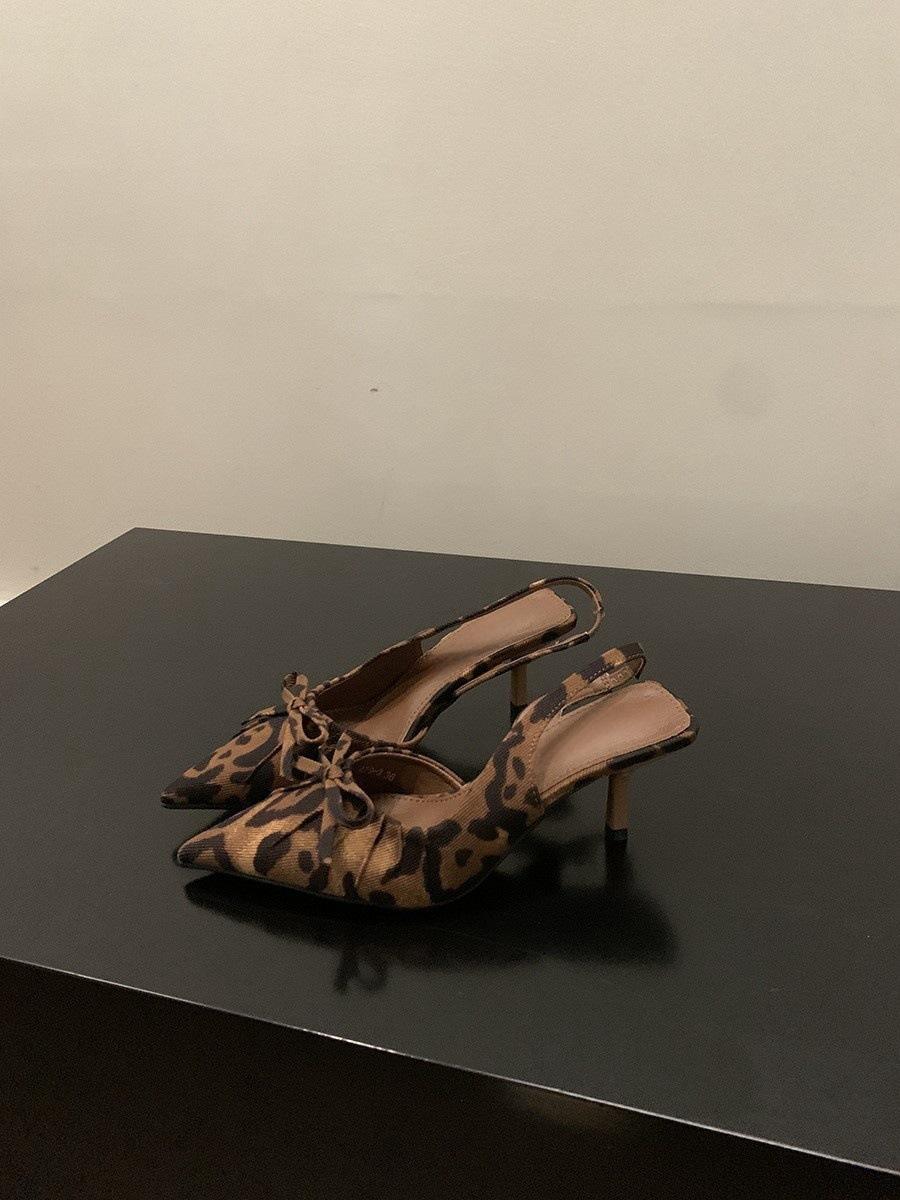 

Niche high heels leopard print bag head sandals shoes new spring and summer pointed bow single shoes 40 цветной печати леопарда