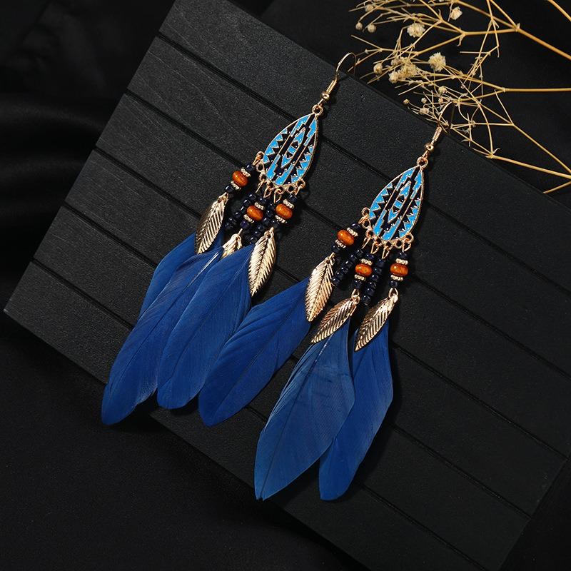 Retro Feather Fringed Earrings Women's Niche Personality Bohemian Blue Long Yunnan Travel Photography Earrings