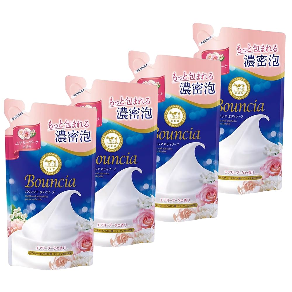 Cow Brand (Gyunyu Sekken Kyoshinsha) Bouncia Body Soap, Airy Bouquet Scent, Refill Pack 360ml x 4-Pack