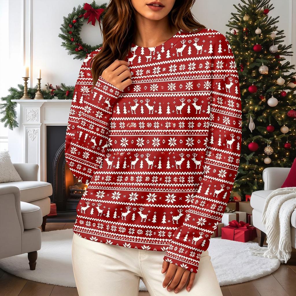 Women's Casual Long Sleeve Christmas Print Crewneck Sweatshirt Top for Holiday Wear