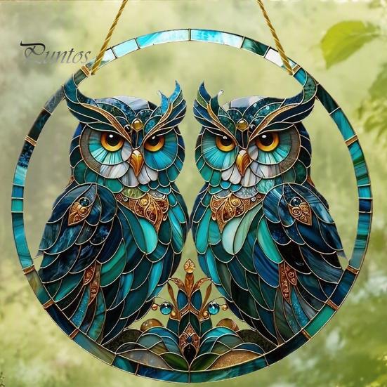 Indoor Outdoor Ornament Double Owl Suncatcher Window Hanging Ornament, Stained Glass Style Circular Wall Sunlight Shadow Display Decor, Green Art for