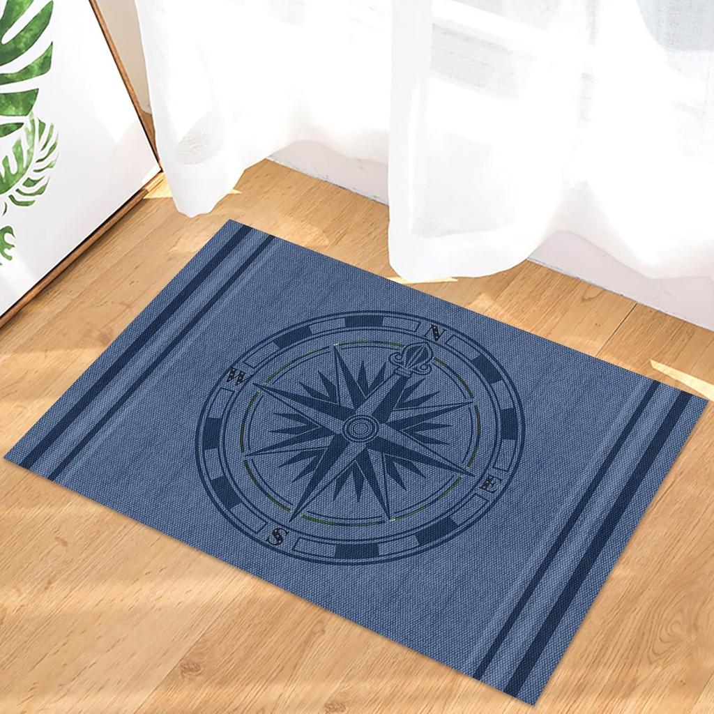 Tapete de Porta Interno Bússola Náutica - 20"x31.5", Tapete de Boas-Vindas Antiderrapante para Pátio, Tapete Azul Marinho Listrado Bússola Costeira para Entrada, Perfil Baixo