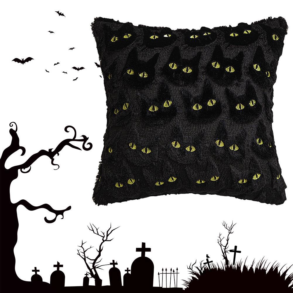 Halloween Cat Throw Pillow Cover Washable Plush Jacquard Pillowcase Reusable Embroidered Throw Cushion Covers Home Decorations