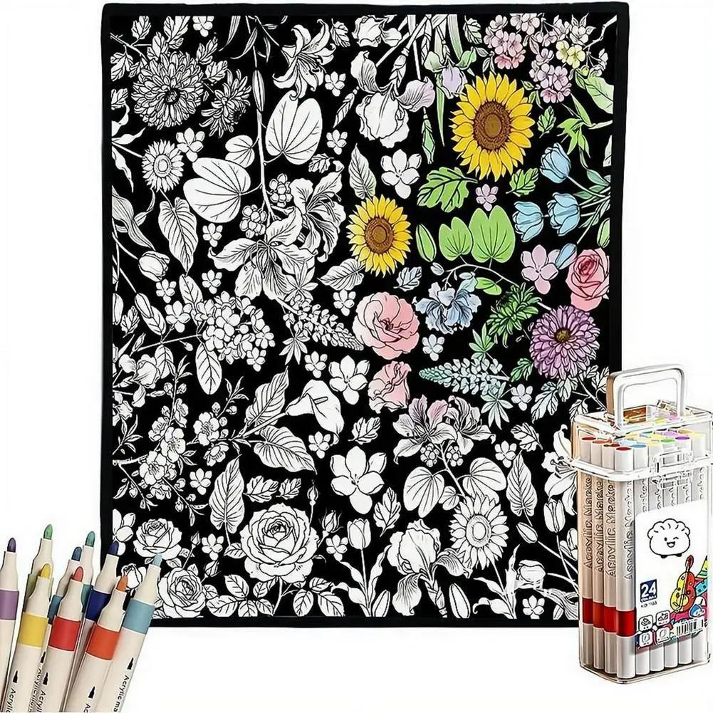 DIY Coloring Blanket With 24 Color Acrylic Markers Floral Theme Cloth Painting Throw Blanket For Sofa Bedroom Decor Gift