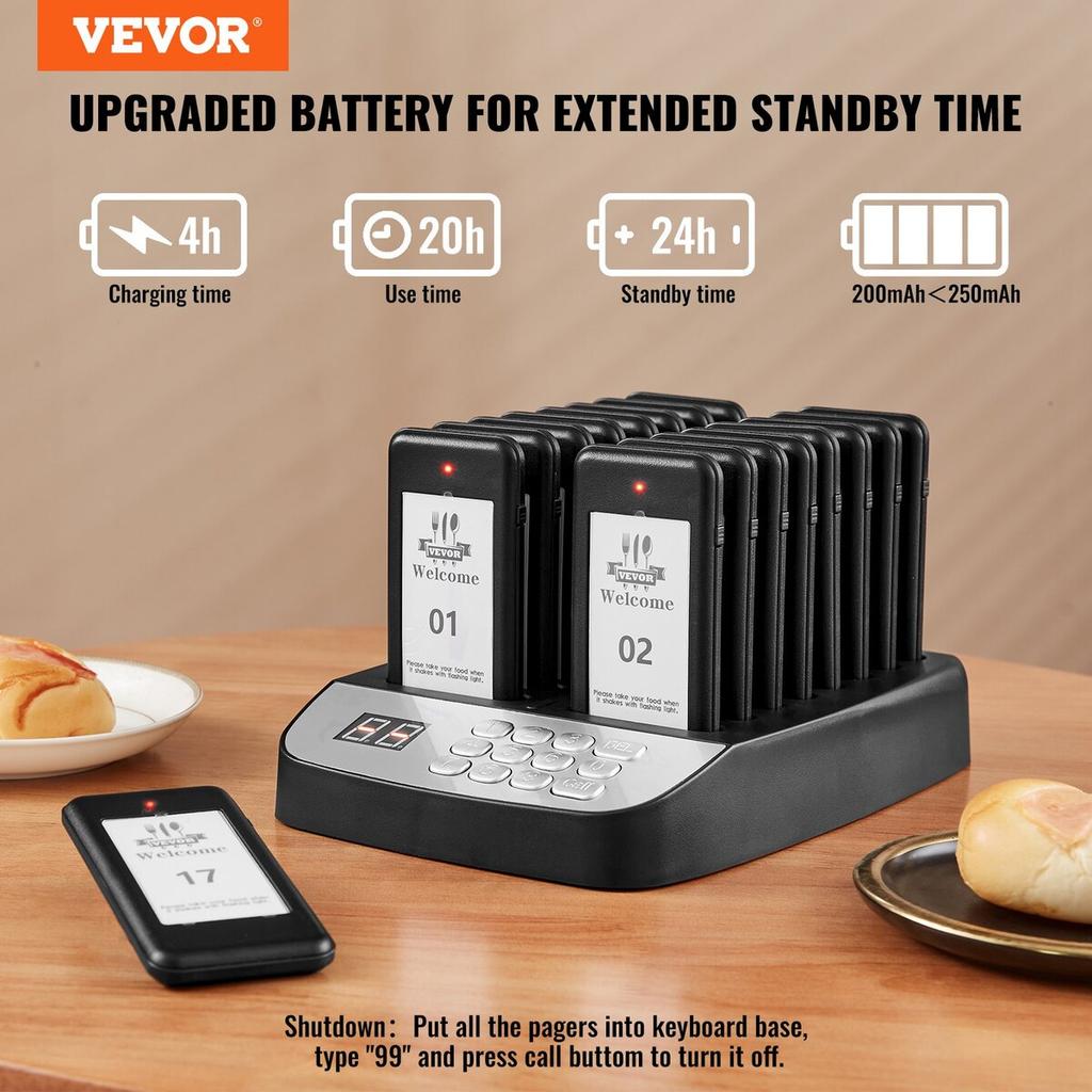 Restaurant-Pager-System, Kabellos 500m Reichweite Aufstell-Warteschlangen-Signal, Gäste-Kunden-Ruf-Piepser mit Vibration & Blinken, 16 Piepser