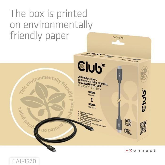 Câble USB C - CLUB 3D - 1,2m - 80 Gbit/s - 4K 540Hz - Alimentation 240W