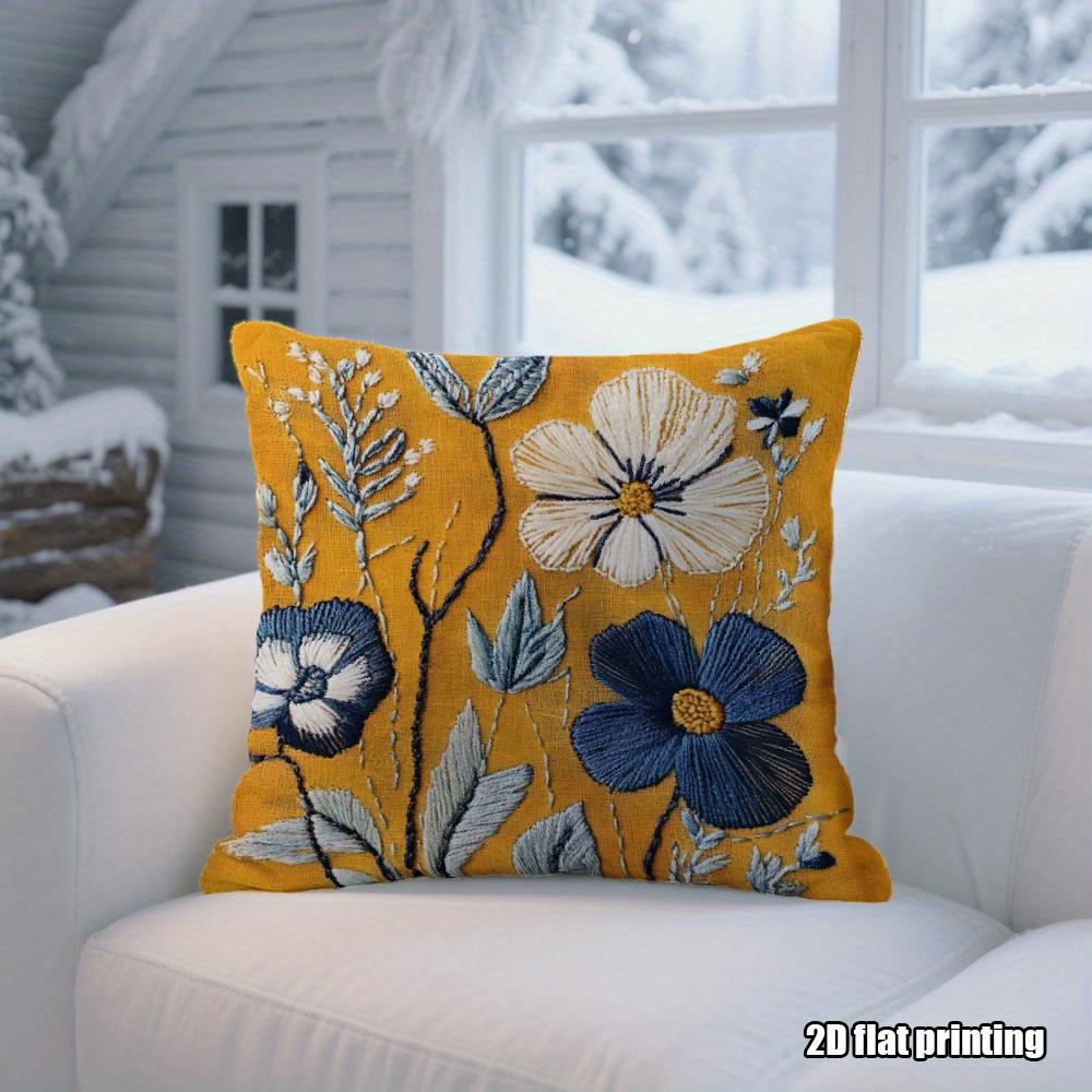 Double Sided Vintage Style Pillow Cover Yellow & Blue Wildflower Print Soft Boho Throw Pillow Case For Home Decor