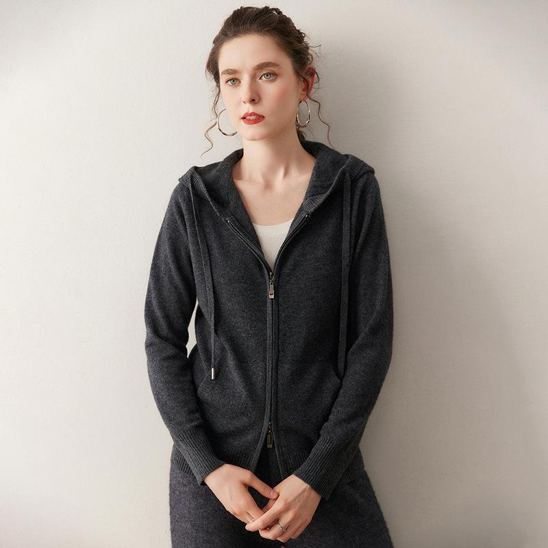 Women's Casual Hooded Cashmere Cardigan with Zipper & Pockets