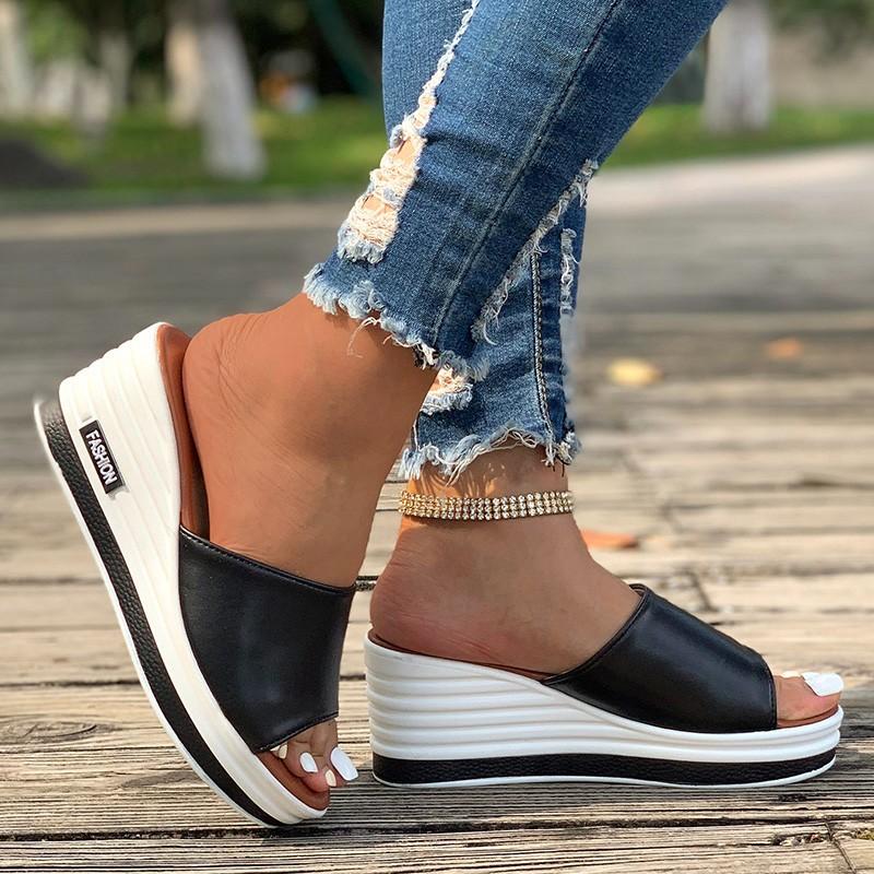Spring and Summer New Fish Mouth Wedge Slippers Women's Wear Fashion and Leisure One-word Drag Foreign Trade Large Size Women's Sandals