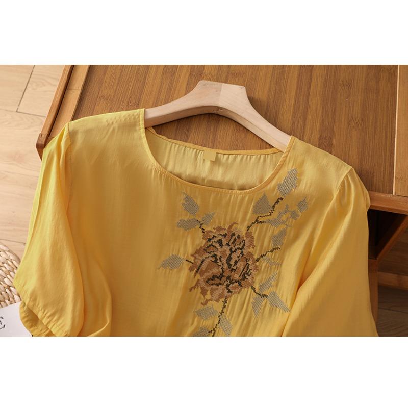 DIMANAF 2025 New Summer Plus Size T-Shirt Women O-Neck Short Sleeve Vintage Linen Loose Tops Tees Maxi