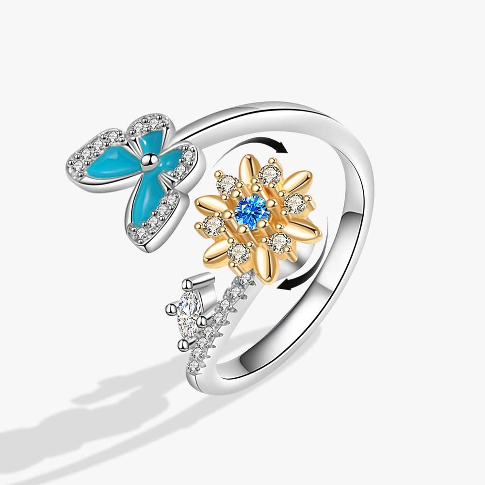 Cute Rabbit Animal Adjustable Open Rings For Women Crystal Anxiety Relief Spinning Rotate Freely Ring Jewelry Accessories