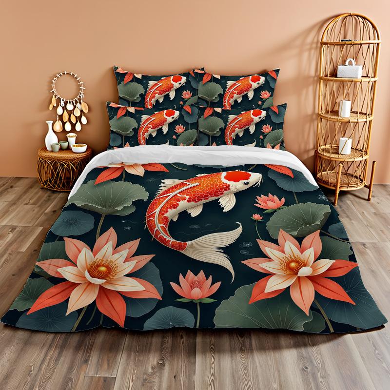 3D Digital Printing Bedding Two Or Three-Piece Set Koi Rich Flower Polyester Quilt Cover
