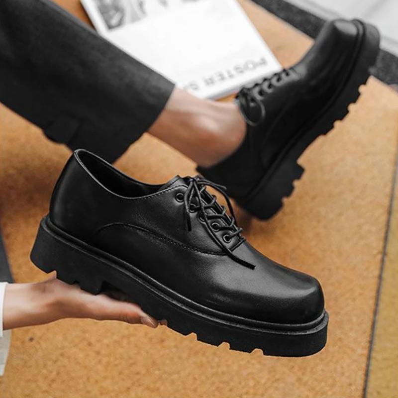 Fashion Thick Sole Men's Leather Shoes Non Slip and Waterproof Square Toe Platform Male Casual Shoe High Quality Fashion Social New In