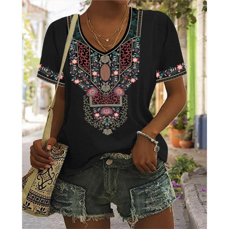 Summer V-neck 3D Retro Ethnic Style Printed Top Fashionable Casual Short Sleeved Women's T-shirts