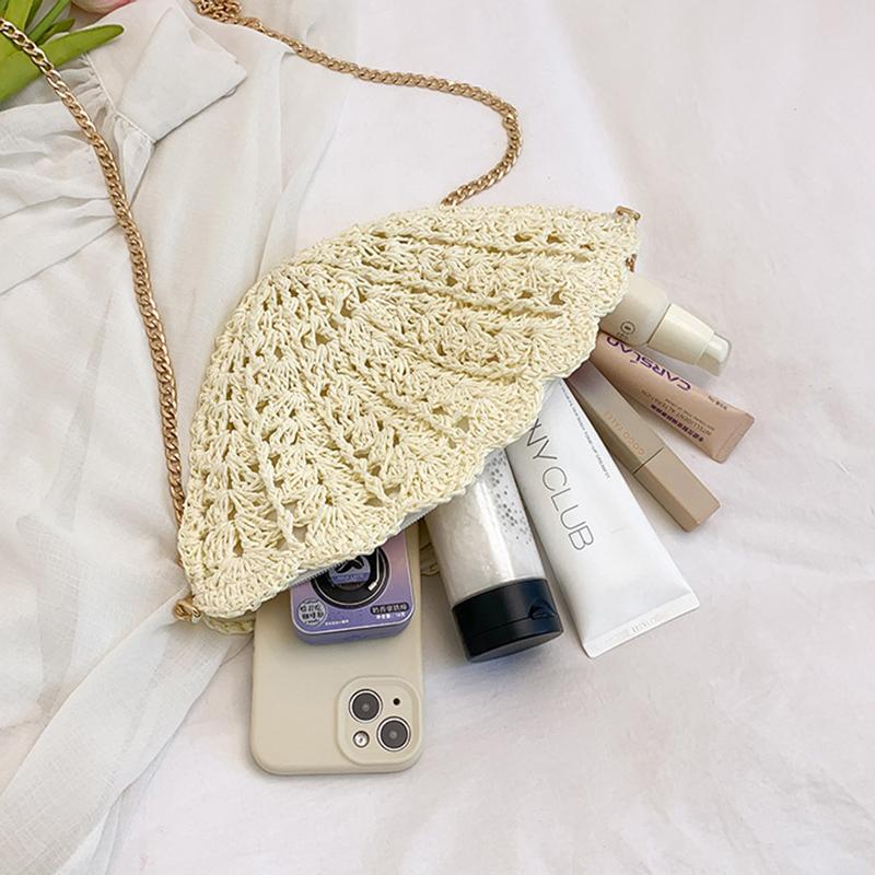 The Vintage Seashell Shape Handwoven Straw Shoulder Bag Summer Beach Handmade Chain Hollow Out Crossbody Bag AVE