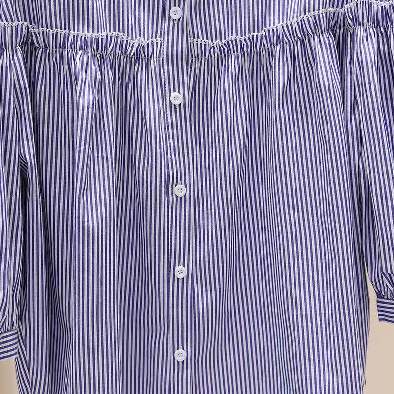 Spring Fashion Casual Stand Collar Striped Shirt Women's Versatile Ninth Sleeve Lace Shirt