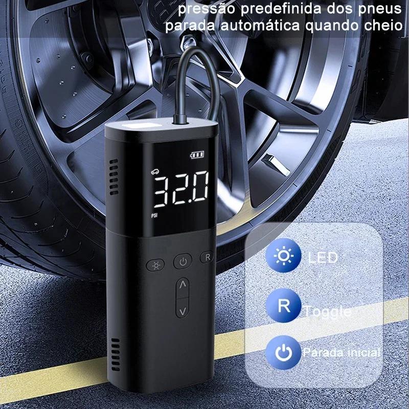 Mini Car Air Compressor - Wireless Portable Tire Inflator with LED Lamp Power Bank Function
