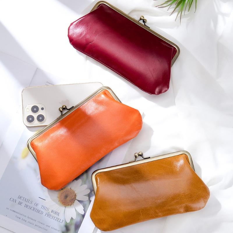New European and American Retro Clip Bag, Simple Leather, Long Clutch Bag, Wallet, Clutch Mouth, Gold Storage Bag, Large Capacity