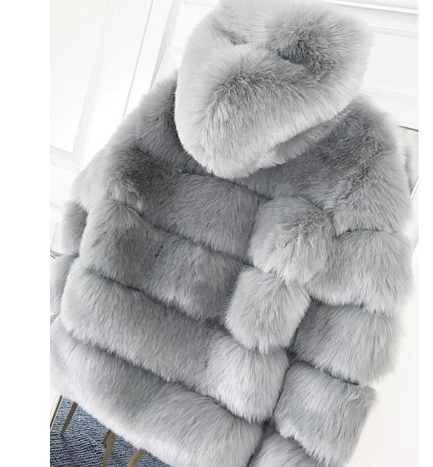 Women's Mid-Length Faux Fox Fur Jacket with Hood - Thickened Winter Patchwork Coat Long Sleeve
