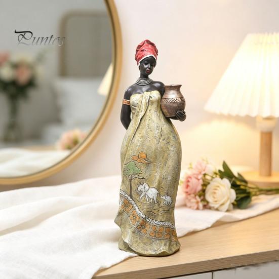 Minimalist Shelf Decor African Lady Figurine, Resin Ethnic Sitting/Standing Woman Statue, Hand-Painted Bohemian Home for Modern Decorative Ornament