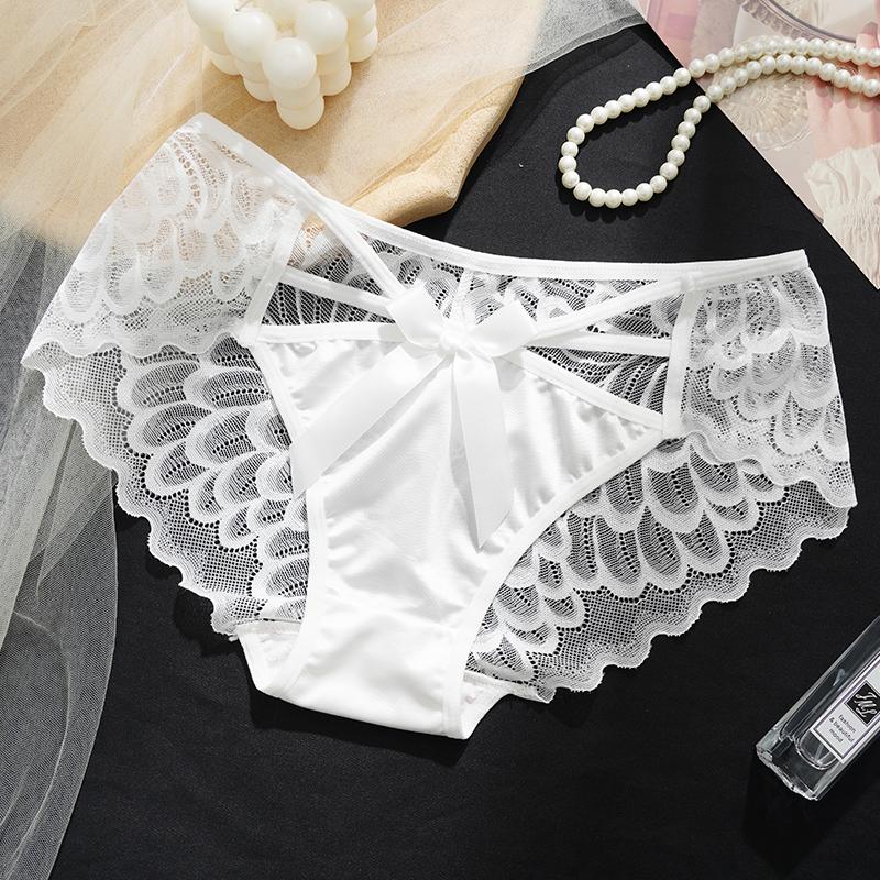 Bowknot Hollow Lace Panties for Women Satin Pure Cotton Crotch Breathable Sexy Mid-waist Women Briefs Underwear Knickers