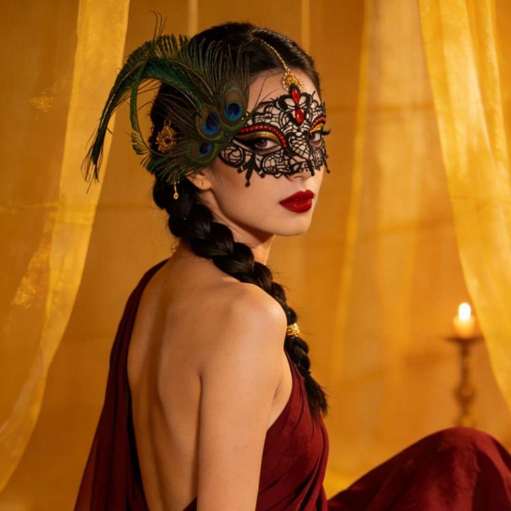 Diamond Decorated Masquerade Mask Elegant Phantom Mask Peacock Feather Mask  Costume Party
