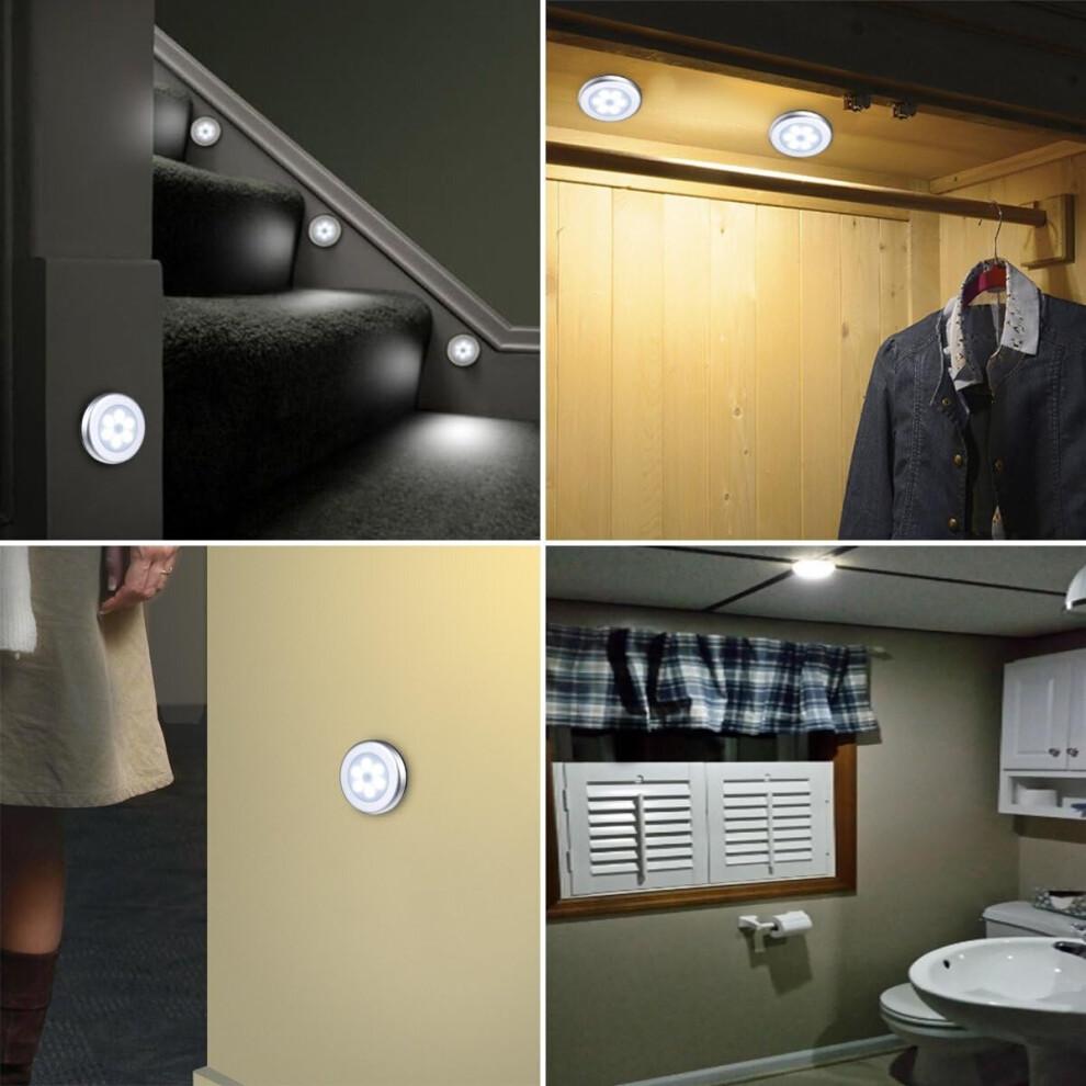 Motion Sensor Light, Cordless Battery Operated LED Night Light (Silver - White Light - 6 Pack)