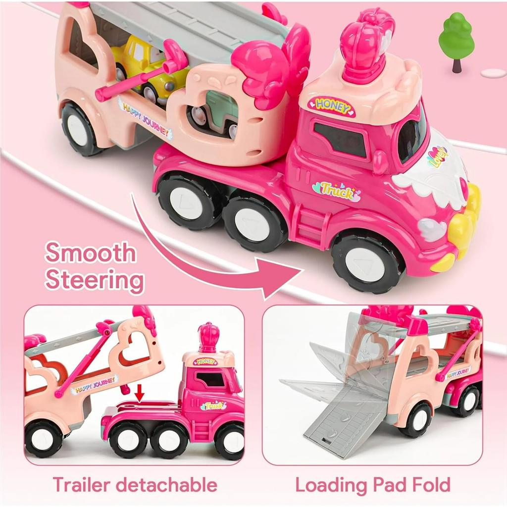 Toddler Car Toys for Girl Pink Princess Transport Carrier Trucks with Lights & Music Friction Power Birthday Christmas Gift