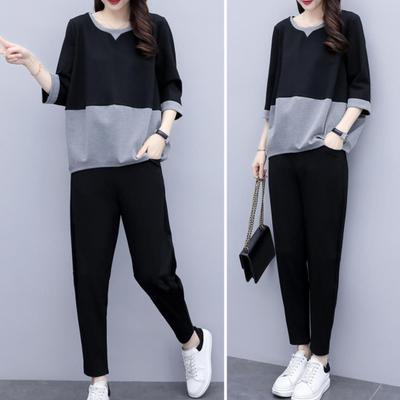 2 Teile/satz Damen T-Shirt Hosen Set Sport Outfit Colorblock Rundhals Halbarm Oberteil Elastische Taille Lange Hosen Lässiges Pendeln Top Hosen Set