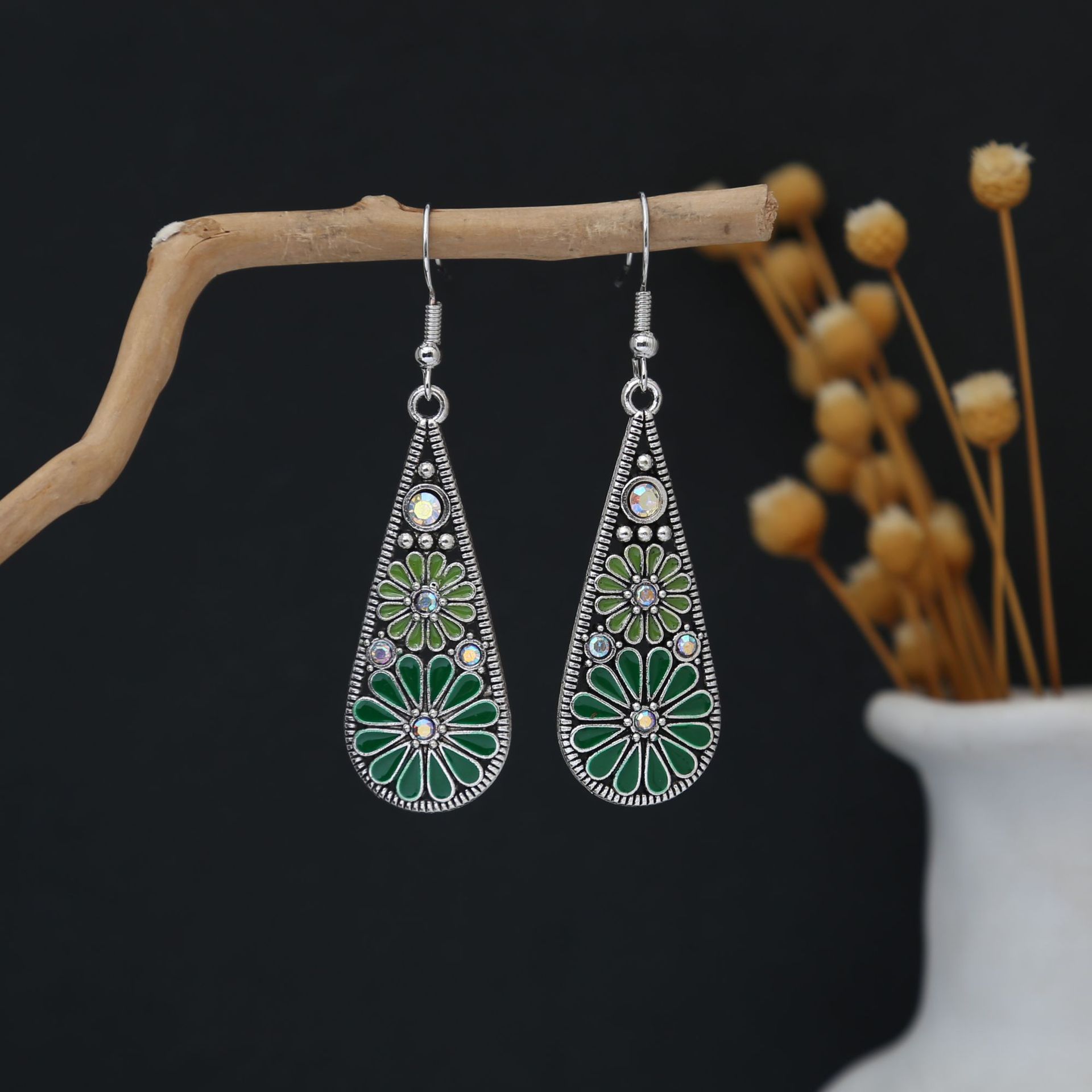 Ретро Этнический Стиль Цветные Серьги-Подвески в Виде Цветков, Длинные Серьги с Бриллиантами в Форме Капли Воды, Многоцветные