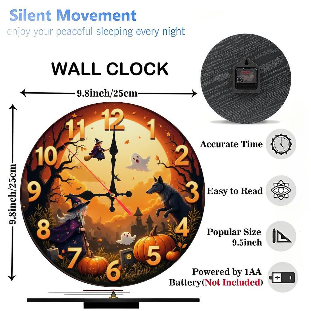 Custom Pattern Wall Clock, Halloween style design, Artistic Home Decor, 10-Inch Silent Wooden Wall Clock