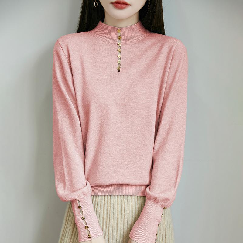A Fashionable Semi-high Neck, Versatile Design Base Layer, Solid Color Loose and Warm Knitted Sweater for Women