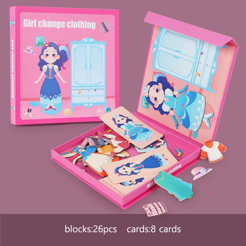 

Wooden Jigsaw Magnetic Blocks Puzzle Book Board with Cards Face Change Clothing Change Marine Life Kids 3D Puzzle Toys Gifts