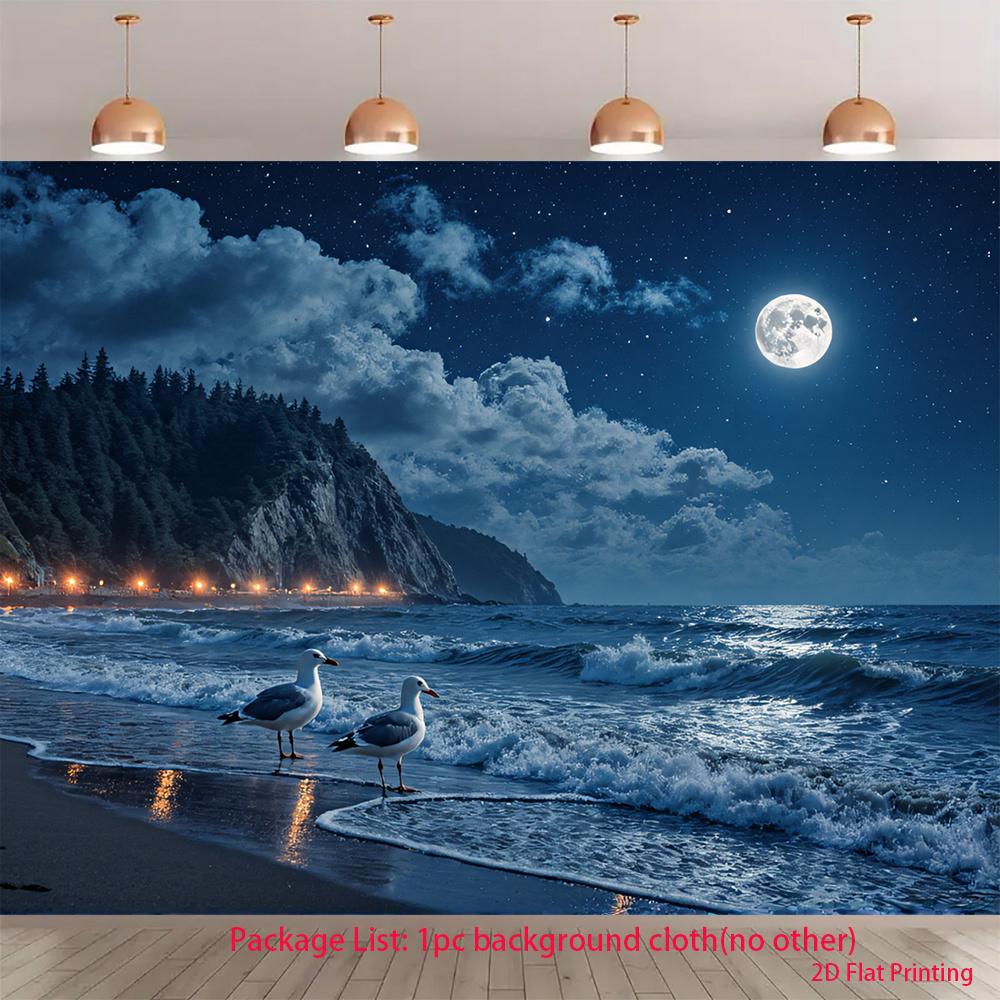 2D plane banner background featuring night-time beach waves and seagulls family gathering polyester fiber