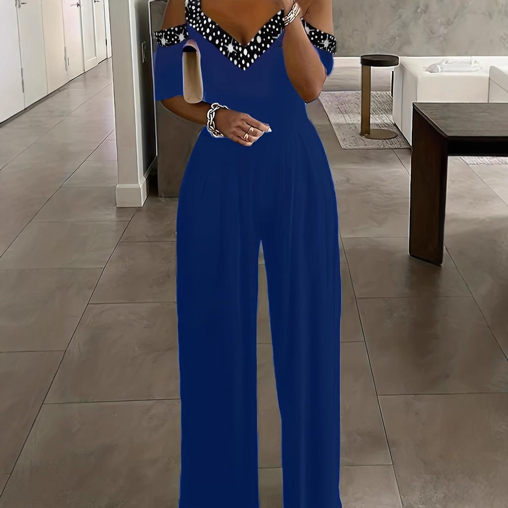 Damen Kalt Schulter V-Ausschnitt Strass Weites Bein Jumpsuit Elegant Hohe Taille Party Romper