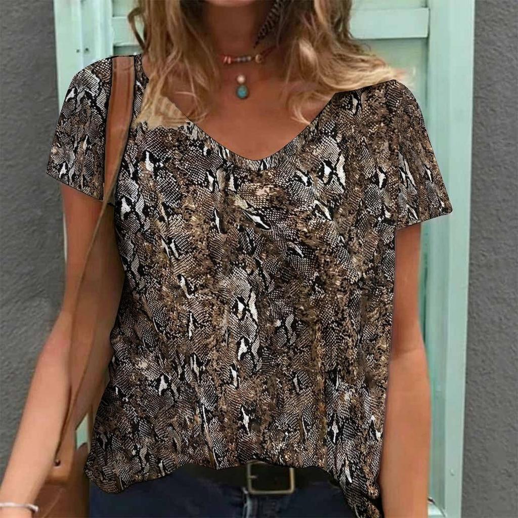 Women Print V Neck Short Sleeve Casual Loose Tunic Tops