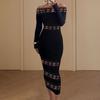 Women Prom Party Dress Bandeau Off Shoulder Hollow Out Sheath Slim Fit Long Sleeve Pure Color Elastic Rhombus Patchwork Mid-calf Length Midi
