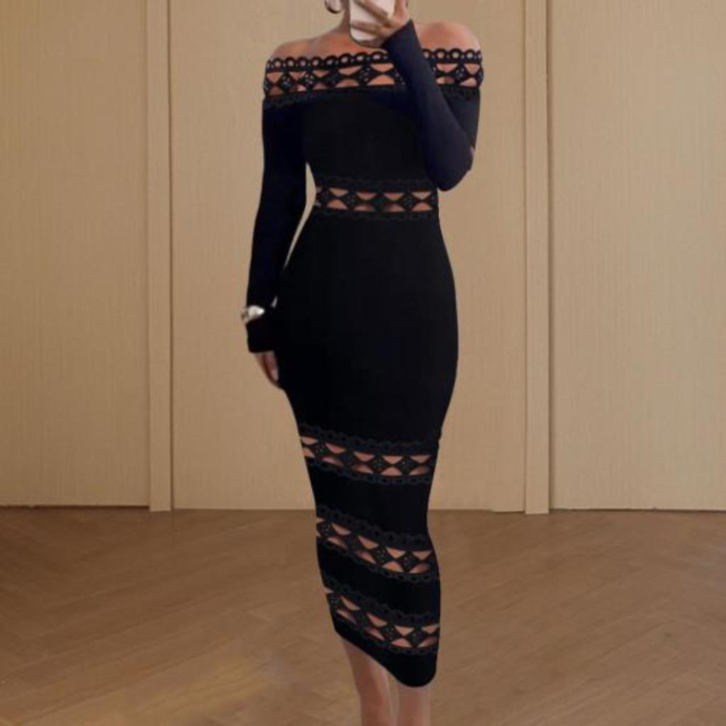 Women Prom Party Dress Bandeau Off Shoulder Hollow Out Sheath Slim Fit Long Sleeve Pure Color Elastic Rhombus Patchwork Mid-calf Length Midi